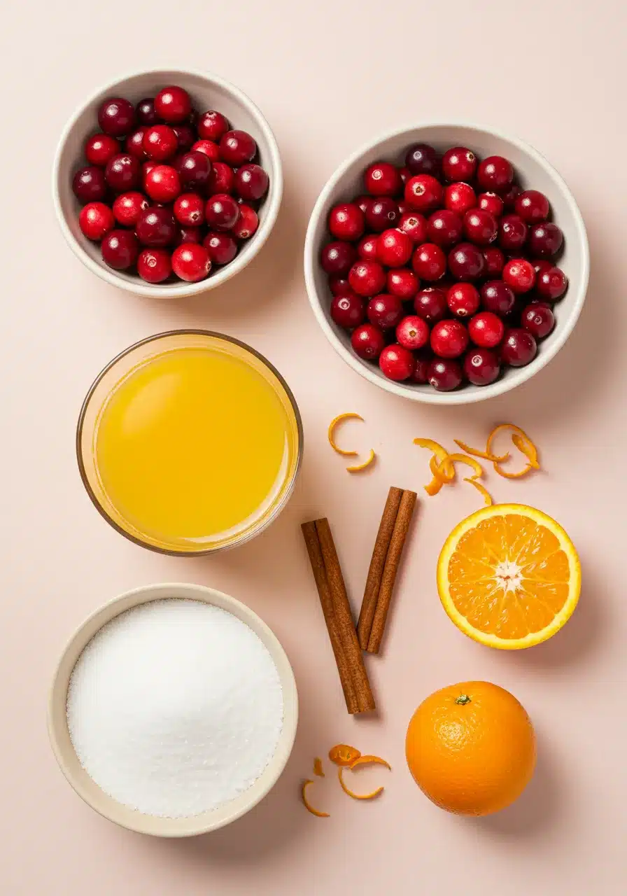 Cranberry Sauce Ingredients Flatlay Ingredients for cranberry sauce on pink background