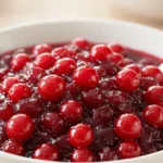 Bowl of fresh, homemade cranberry sauce with spoon