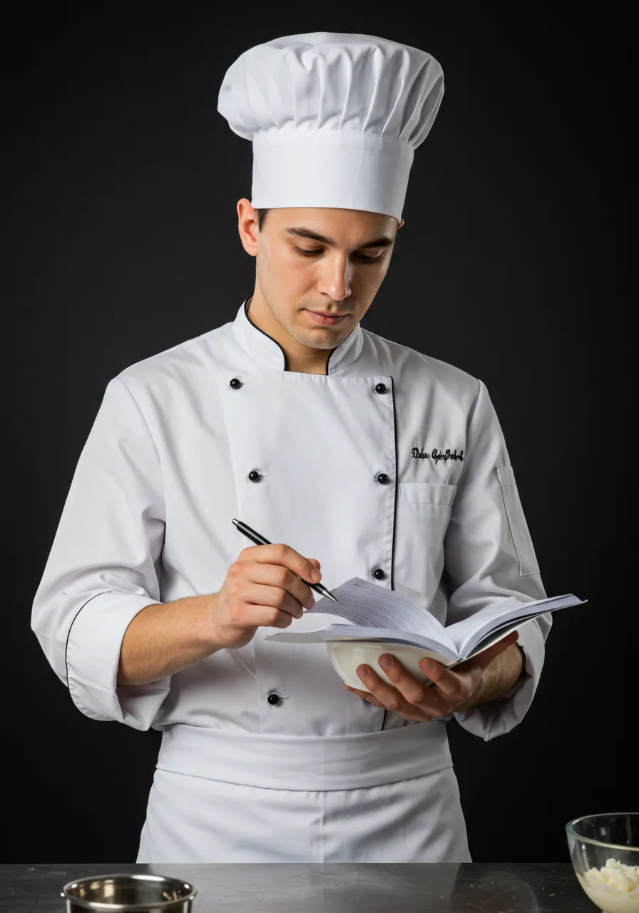 Chef reading a recipe while holding a mixing bowl. Represents how to judge a recipe.