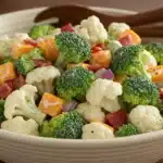 Broccoli Cauliflower Salad Recipe with cheddar, bacon, and creamy dressing in a clear bowl.