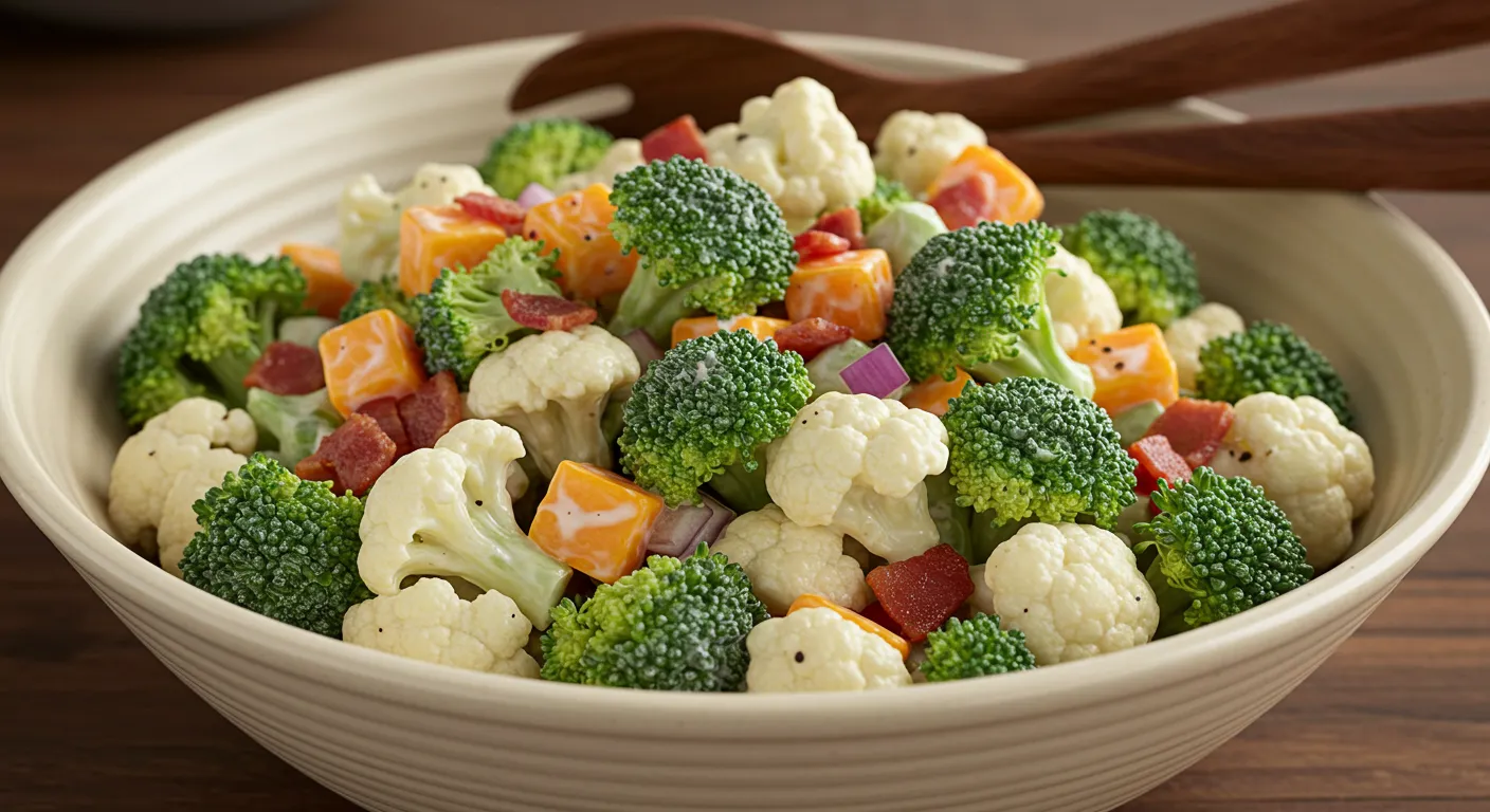 Broccoli Cauliflower Salad Recipe with cheddar, bacon, and creamy dressing in a clear bowl.