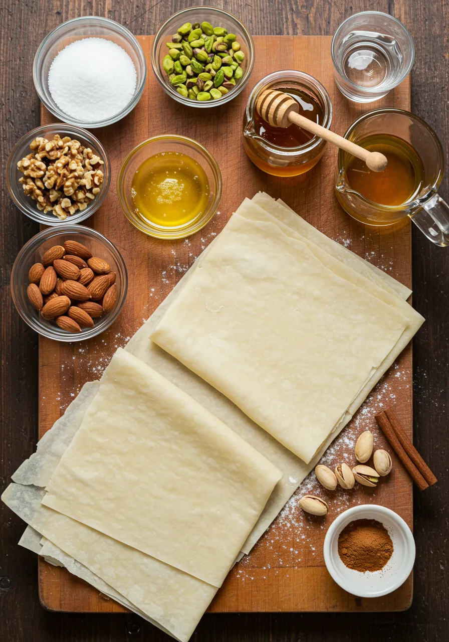 Filo dough, chopped nuts, melted butter, sugar, honey, and cinnamon on a kitchen counter.