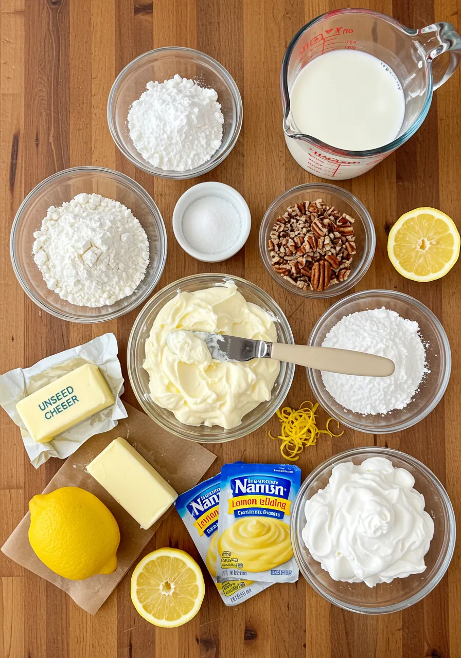 Ingredients for lemon lush dessert recipe on a kitchen counter. Includes cream cheese, butter, flour, pudding mix, and whipped topping.