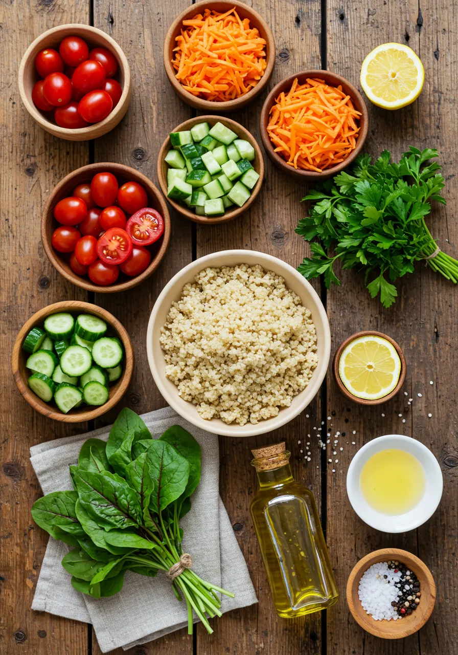 Colorful bowl of Costco Quinoa Salad with vegetables and herbs.