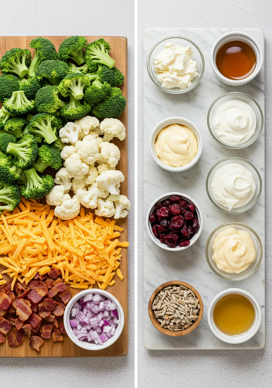 Broccoli Cauliflower Salad Recipe with cheddar, bacon, and creamy dressing in a clear bowl.