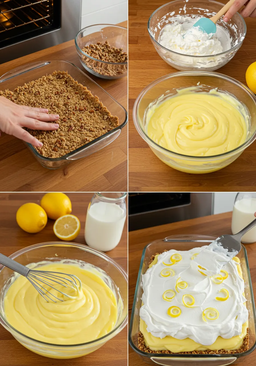 Four images show steps to make lemon lush dessert recipe. Includes crust, cream cheese, lemon pudding, and topping.