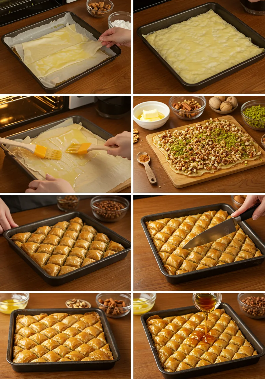 Six steps for making a filo dough dessert. Includes layering, cutting, baking, and pouring syrup.