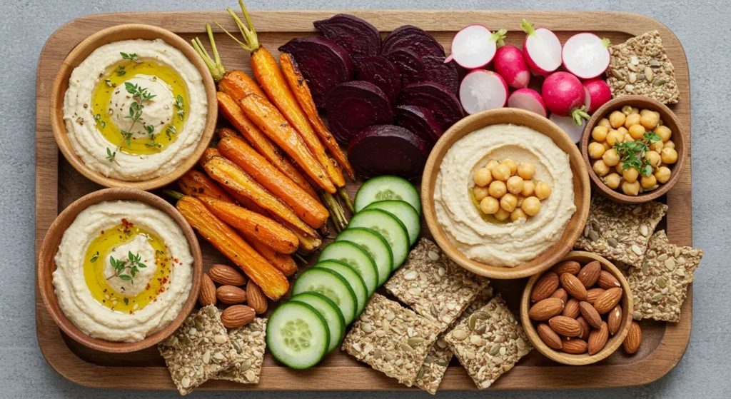 Colorful vegan appetizer platter with hummus, fresh veggies, and crackers.