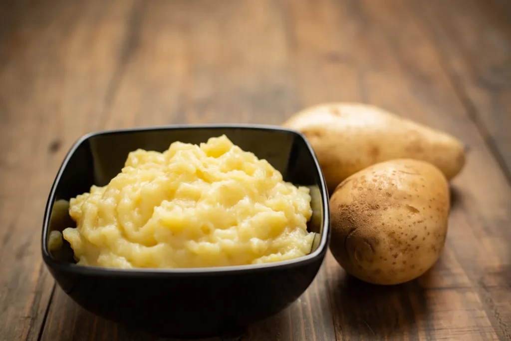 Creamy mashed potatoes in a black bowl with Yukon Gold potatoes in the background.