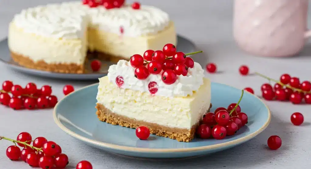 Slice of cheesecake with whipped cream and red currants
