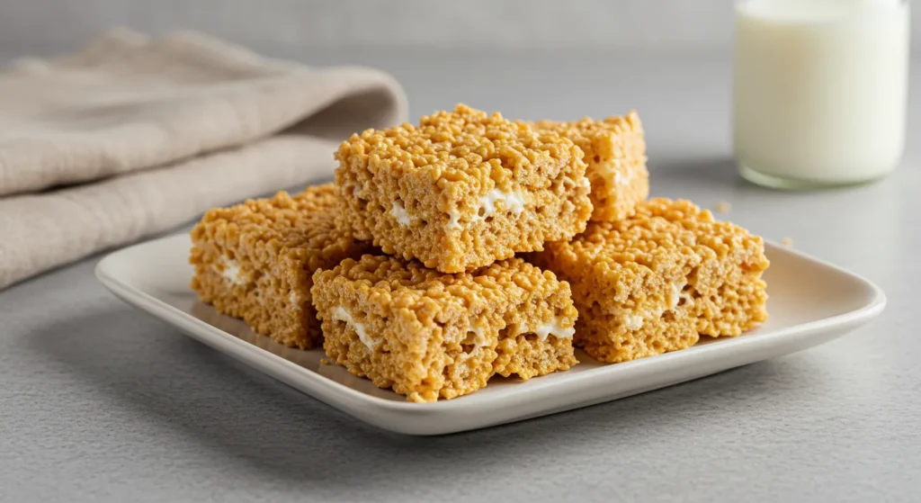 A close-up of brown butter rice crispy treats stacked on a white plate.