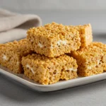 A close-up of brown butter rice crispy treats stacked on a white plate.