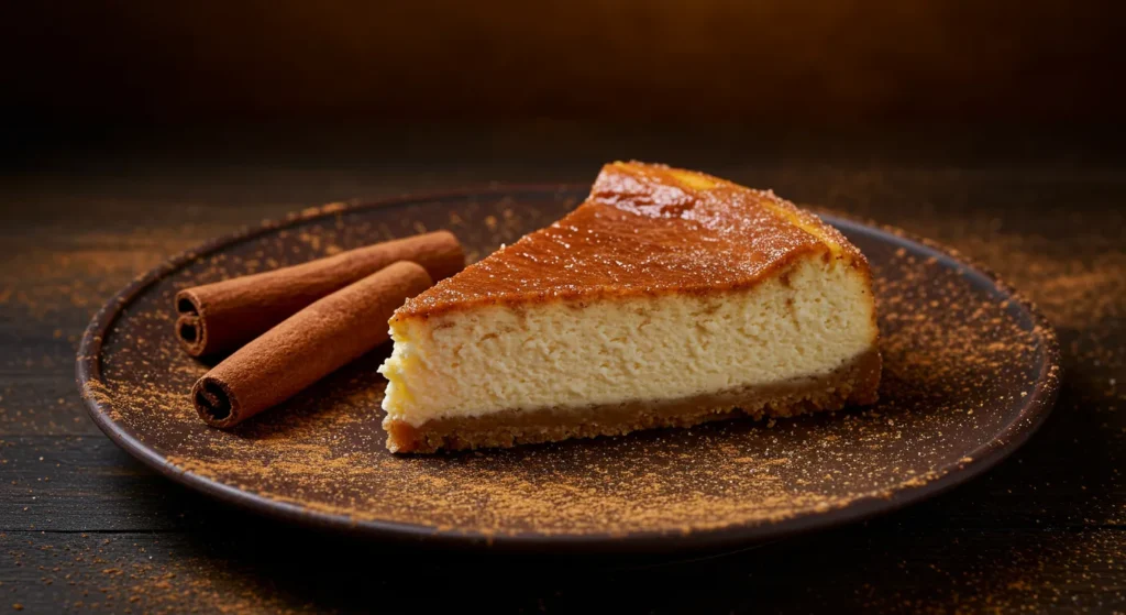 Slice of churro cheesecake with cinnamon sticks