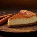 Slice of churro cheesecake with cinnamon sticks