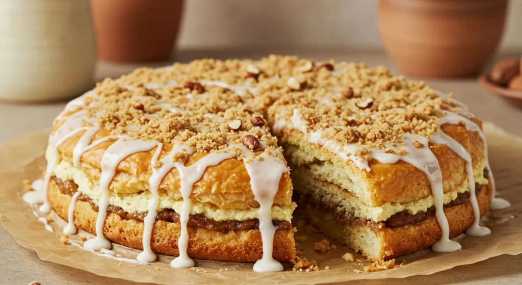 Crinkle cake with glaze and nut topping on parchment