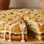 Crinkle cake with glaze and nut topping on parchment