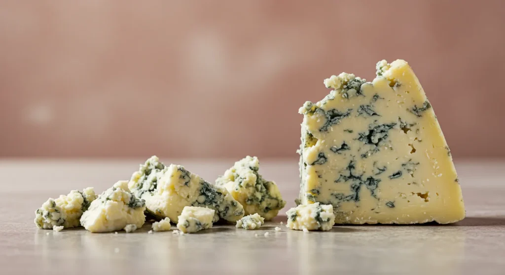Close-up of blue cheese crumbles on a smooth surface
