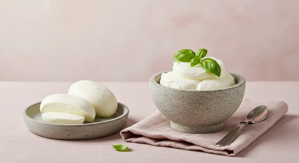 Bowl of stracciatella cheese beside mozzarella block on linen