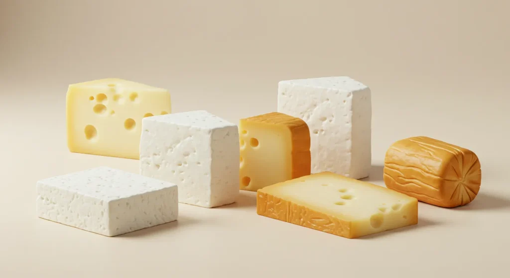 Assorted white American cheeses including smoked and block styles
