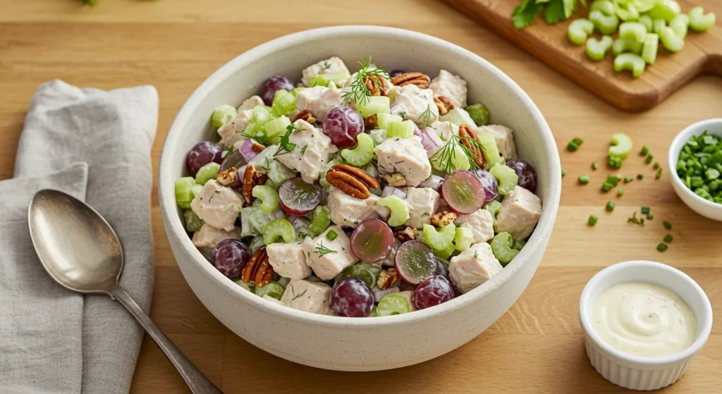 Top-down view of a bowl of chicken salad with shredded chicken, celery, red onions, grapes, and herbs on a wooden table