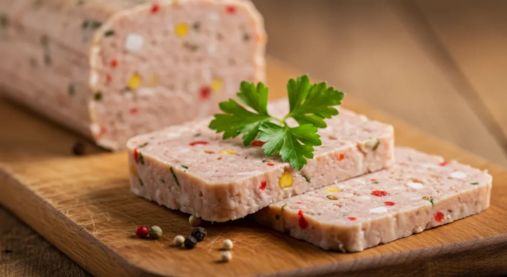 Homemade head cheese slice garnished with fresh parsley