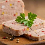 Homemade head cheese slice garnished with fresh parsley
