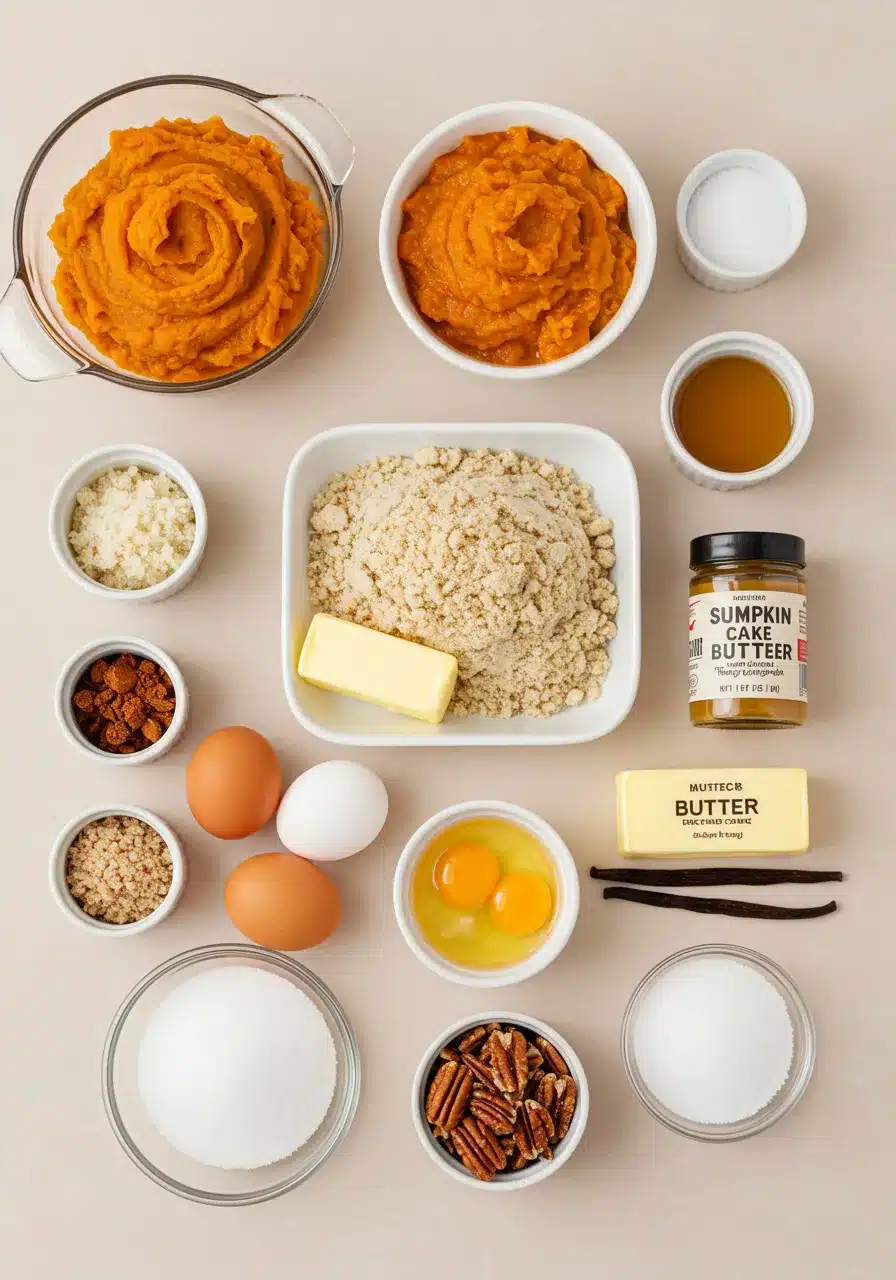 Pumpkin Dump Cake Ingredients Flatlay Flat lay of ingredients for pumpkin dump cake.