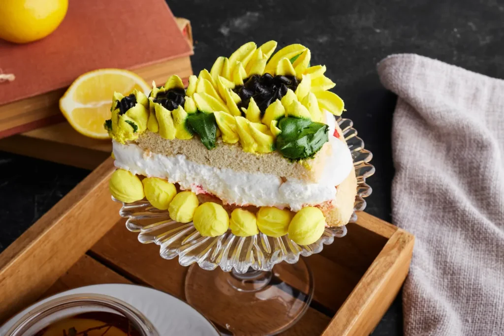 A slice of lemon lush dessert on a glass plate. Topped with whipped cream and yellow frosting.