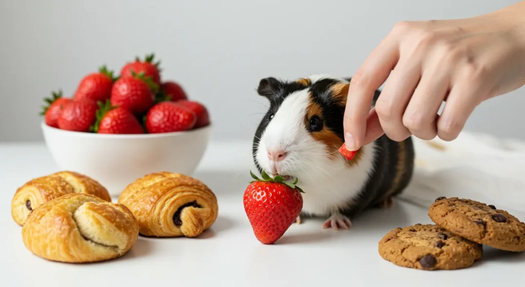 Guinea pig eating a fresh strawberry held by hand on a white table.