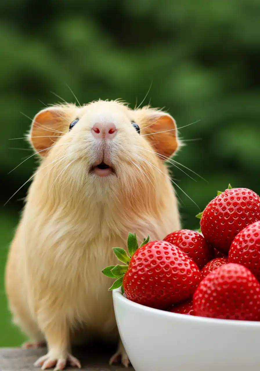 Curious guinea pig looking at a bowl of fresh strawberries.