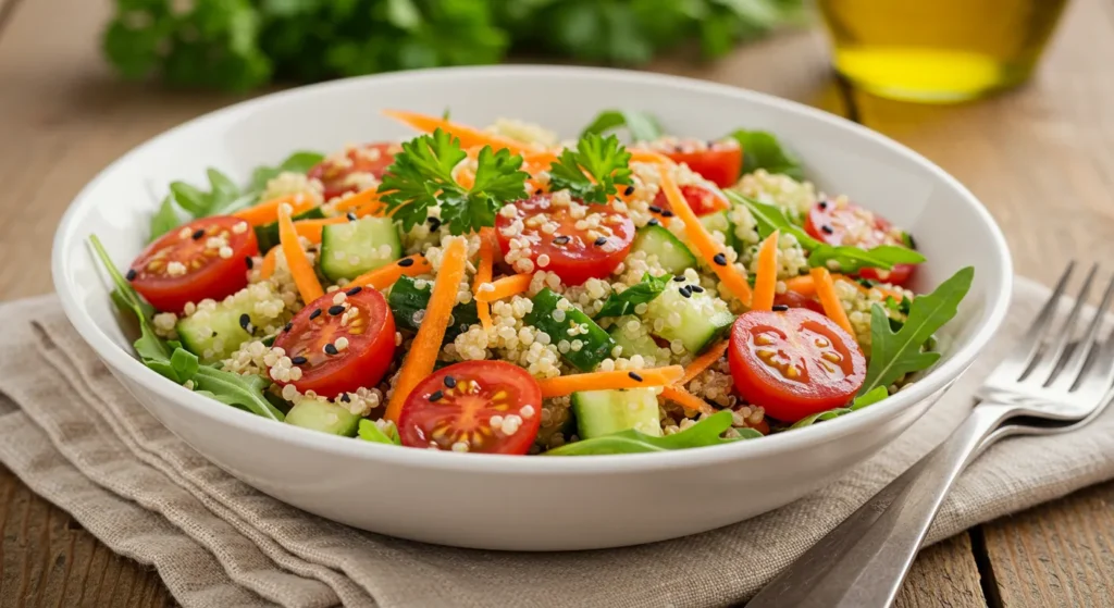Colorful bowl of Costco Quinoa Salad with vegetables and herbs.