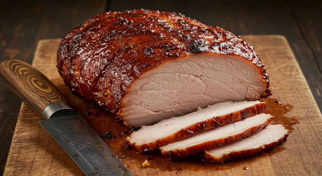 Sliced smoked turkey breast with dark caramelized crust on a wooden cutting board beside a rustic knife.