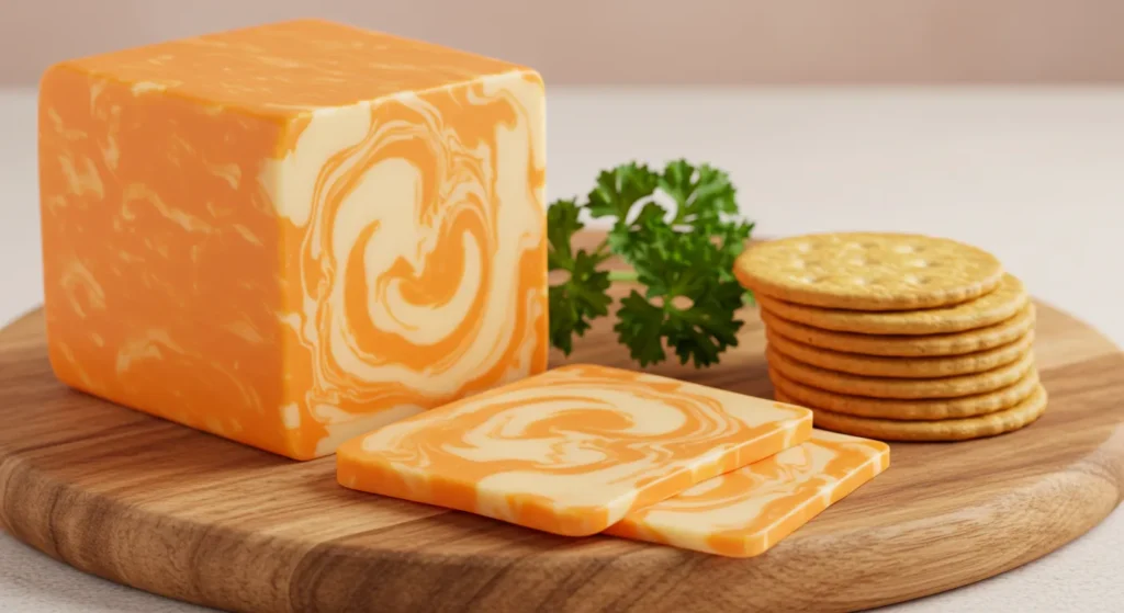 Block and slices of Colby Jack Cheese on wooden board with crackers