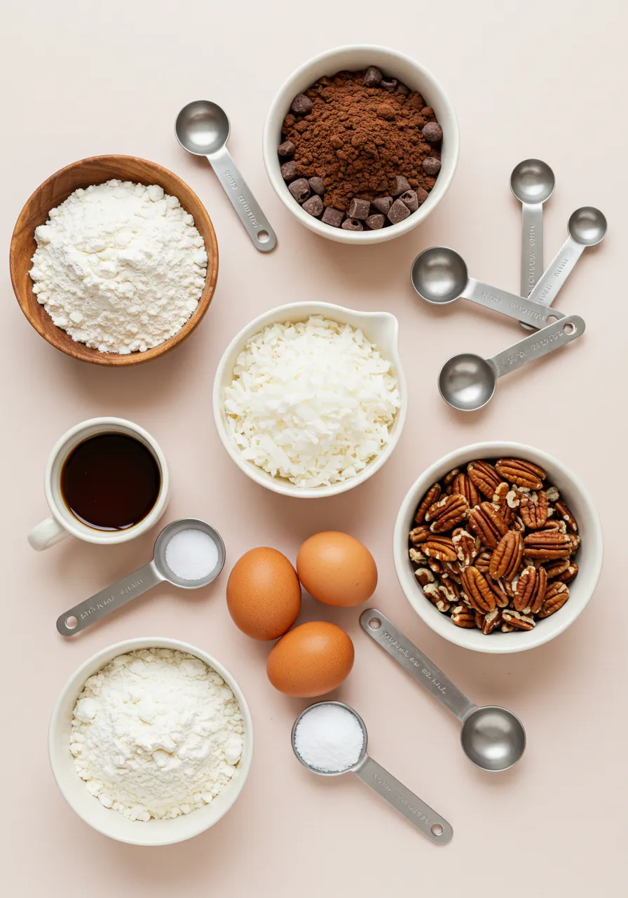 Flat lay of German Chocolate Cookie ingredients