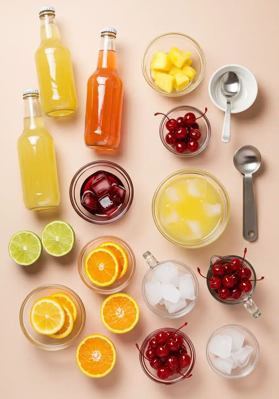 Shirley Temple Punch ingredients laid out on pink surface