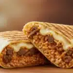 Grilled cheese burrito sliced open with melted cheese and bee