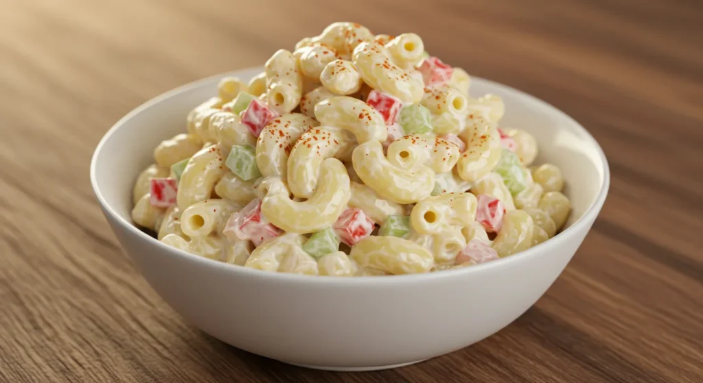 Creamy classic macaroni salad in white bowl