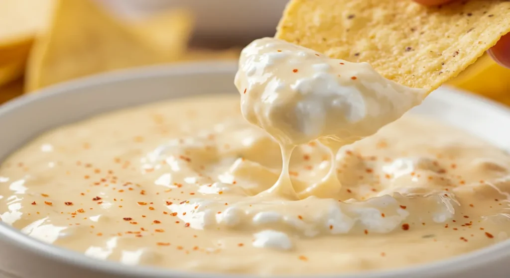 Tortilla chip dipped into cottage cheese queso