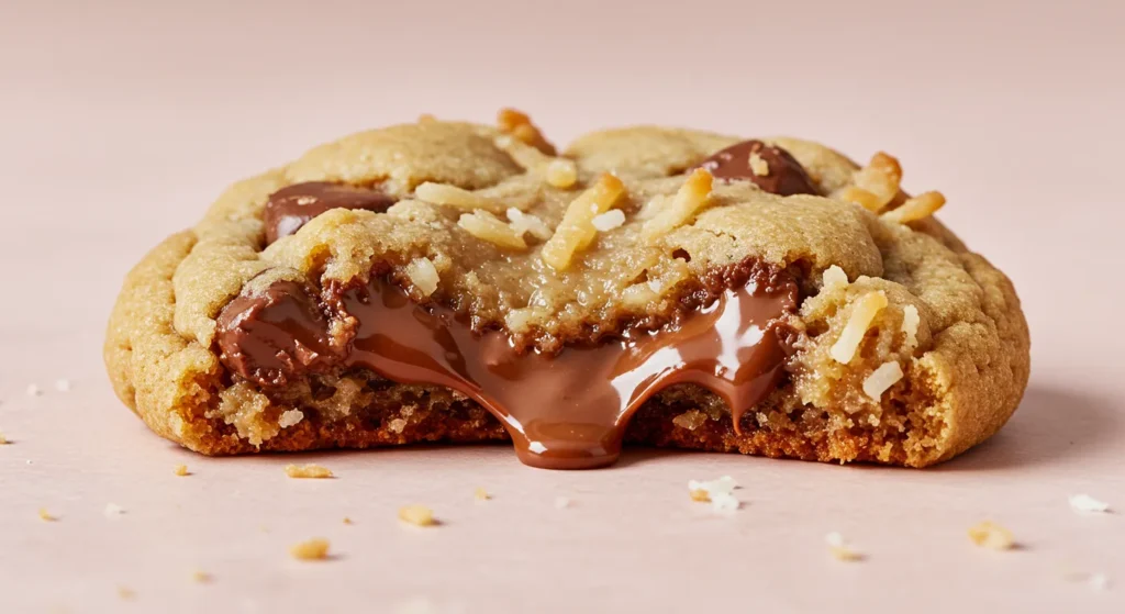 Close-up of gooey German Chocolate Cookie with melty chocolate chunks