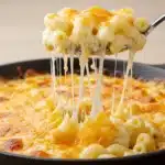 Spoonful of baked macaroni and cheese with melted cheese strands
