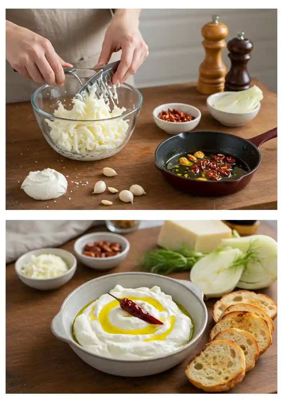 stracciatella-cheese-recipe-instructions-collage Step-by-step process for making Stracciatella Cheese with chili crisp and fennel