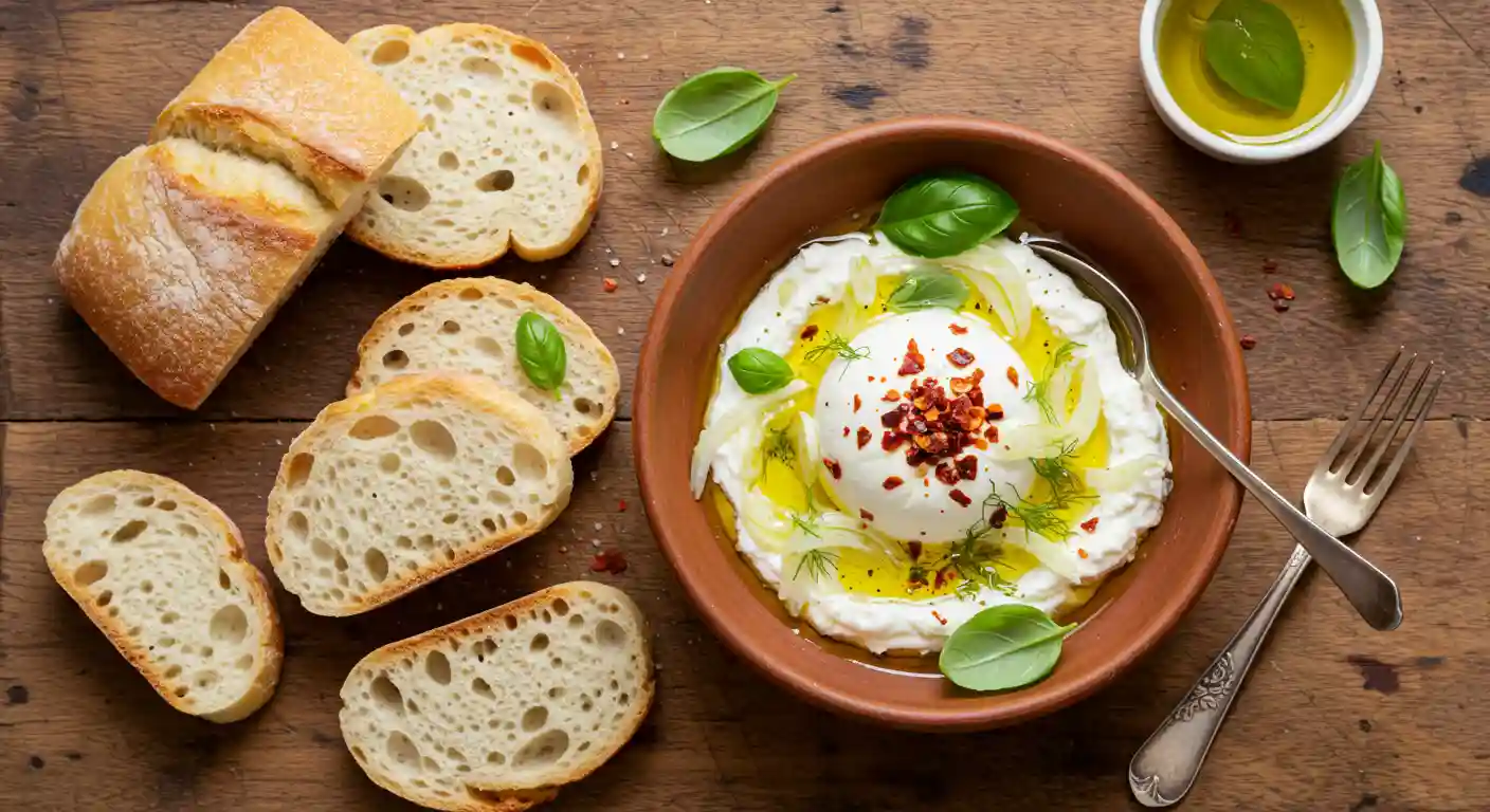 Creamy Stracciatella Cheese with chili crisp and fennel served with ciabatta bread