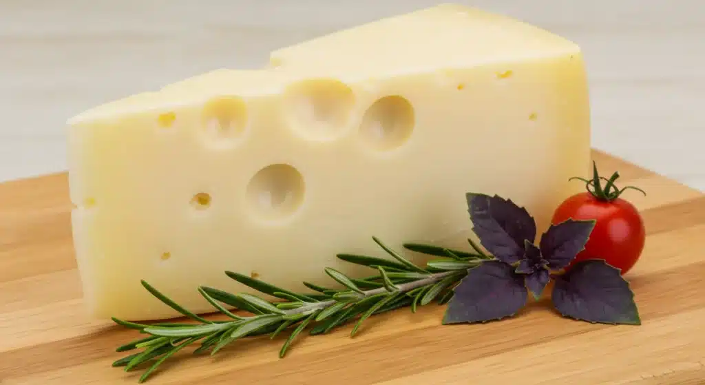 Wedge of Asiago cheese on a board with herbs and tomato
