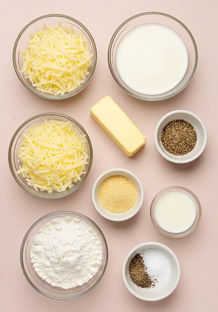 Ingredients for Asiago Cheese Sauce Ingredients for making Asiago cheese sauce on pink background