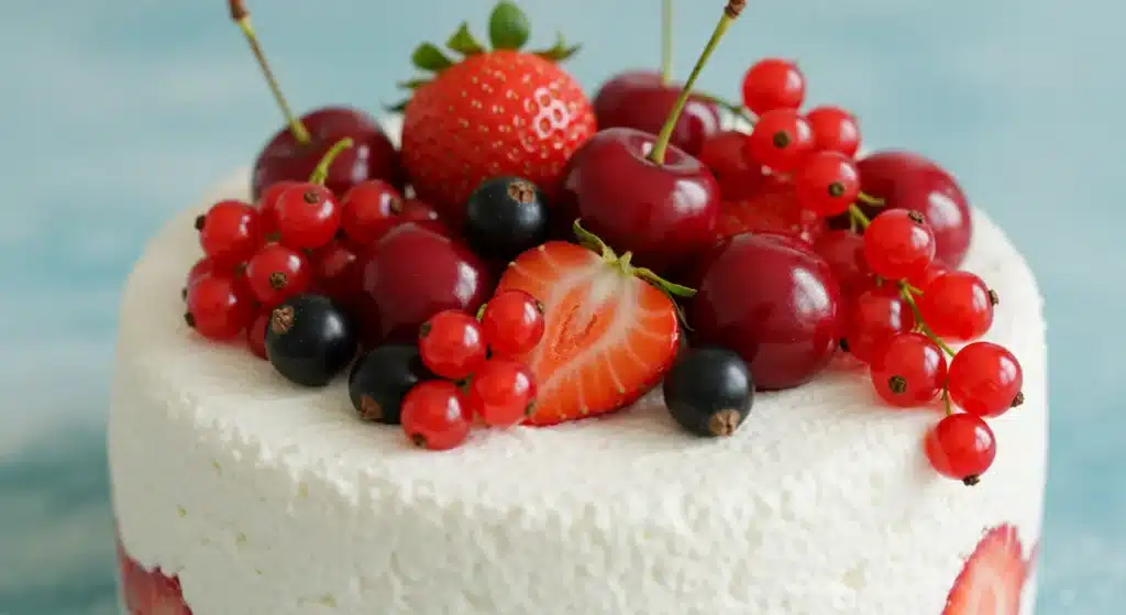 Cottage cheese dessert topped with fresh berries and currants