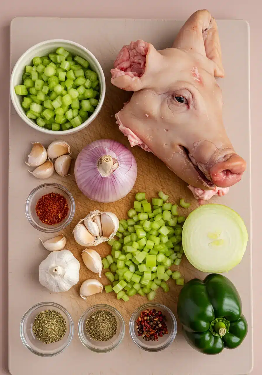 Hog Head Cheese Ingredients Flatlay Ingredients for hog head cheese laid out