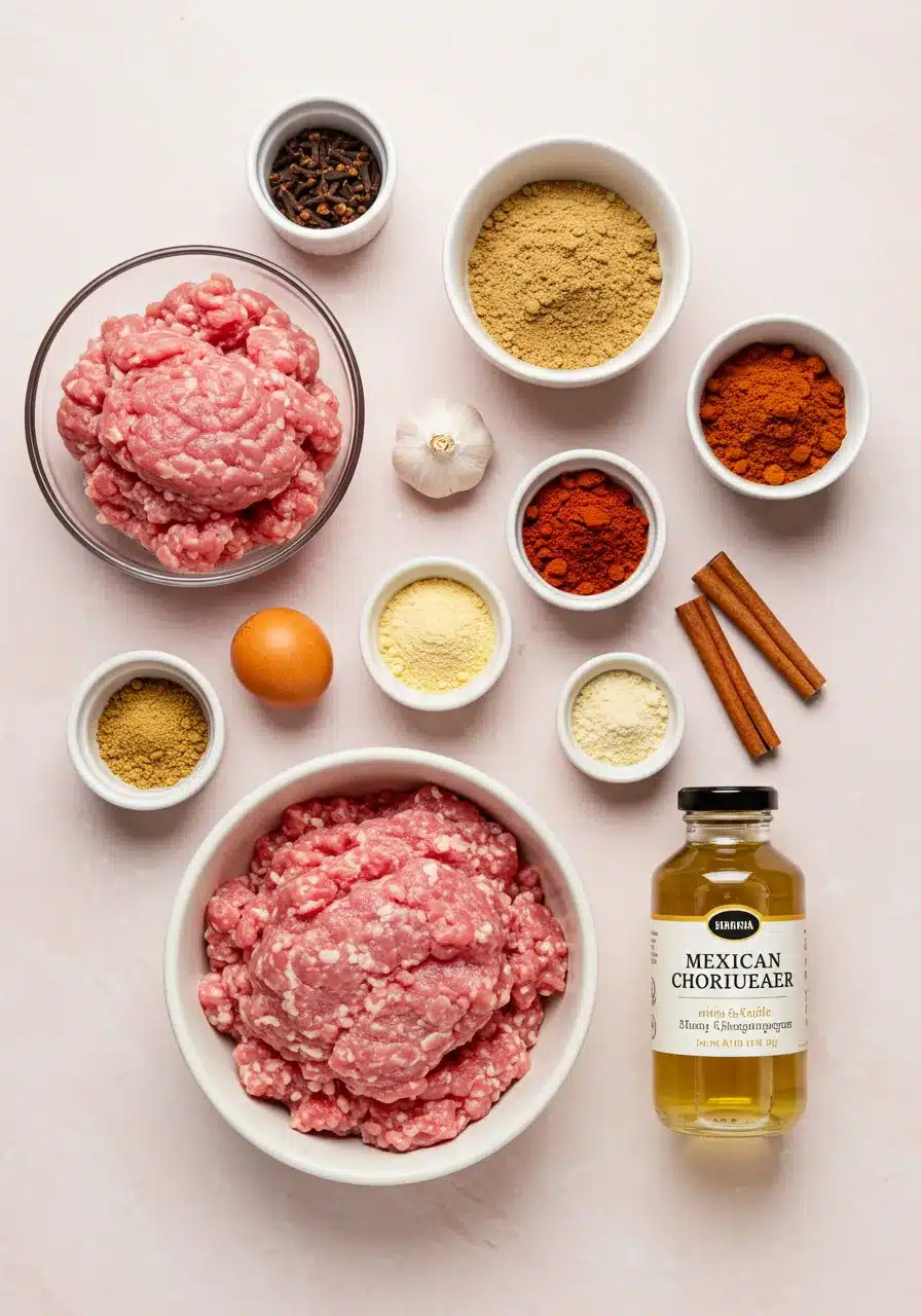 Ingredients for Homemade Chorizo Flatlay of spices and pork for homemade chorizo