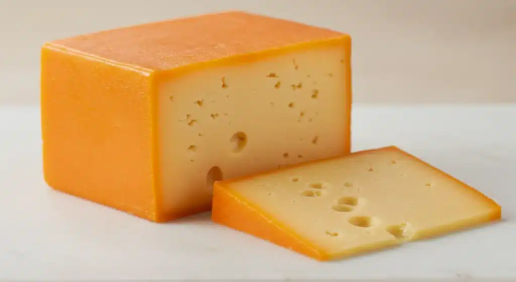 Block of Muenster cheese with orange rind on cutting board