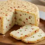 Sliced homemade pepper jack cheese with visible peppers