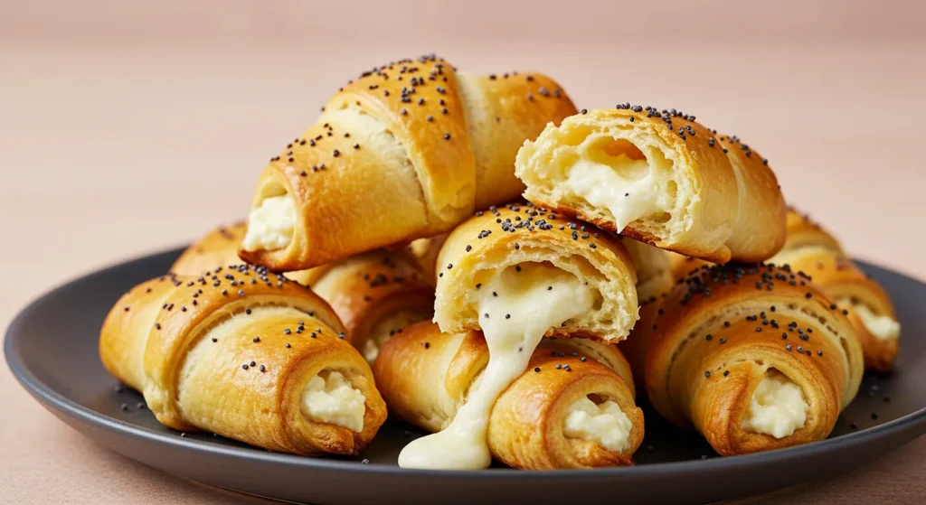 Golden crescent roll appetizers with melted cheese and poppy seeds